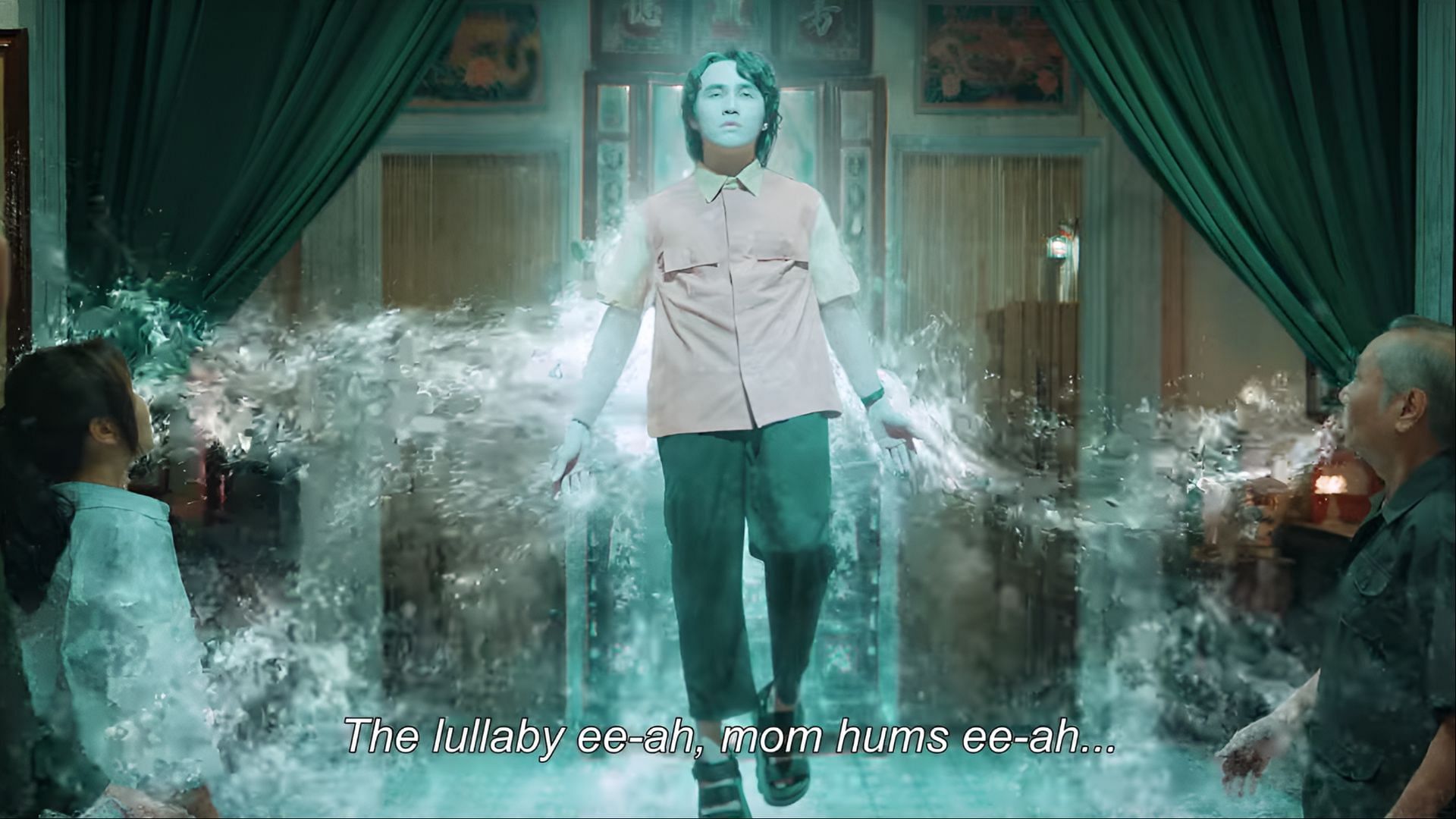 Gia Minh’s ghostly presence materializes during a family ritual, with subtle VFX used to depict the supernatural. (Image via Skyline Media)